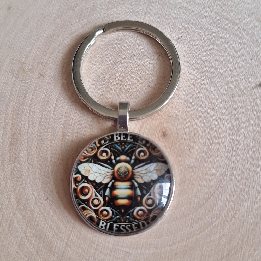 Bee Blessed Glass Cabochon Keychain | Boho Cottagecore Charm